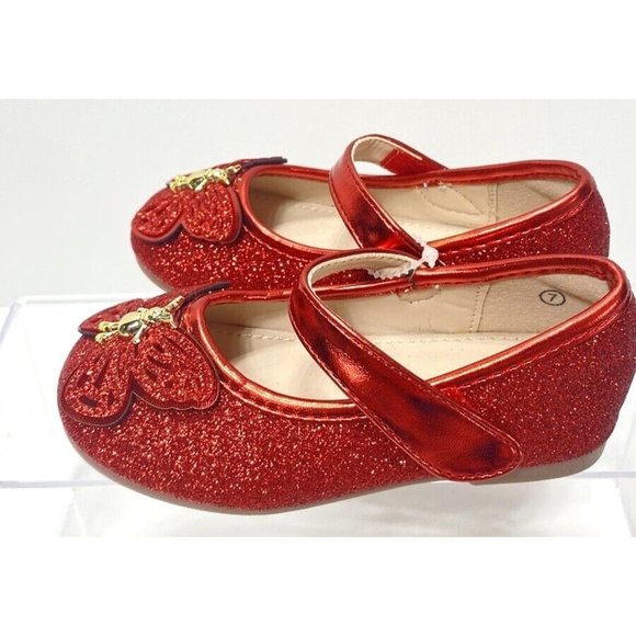 Girls Red Ballet Flats, Cute Baby Toddler Sparkly Butterfly Shoes, Size 7, New - Picture 4 of 10